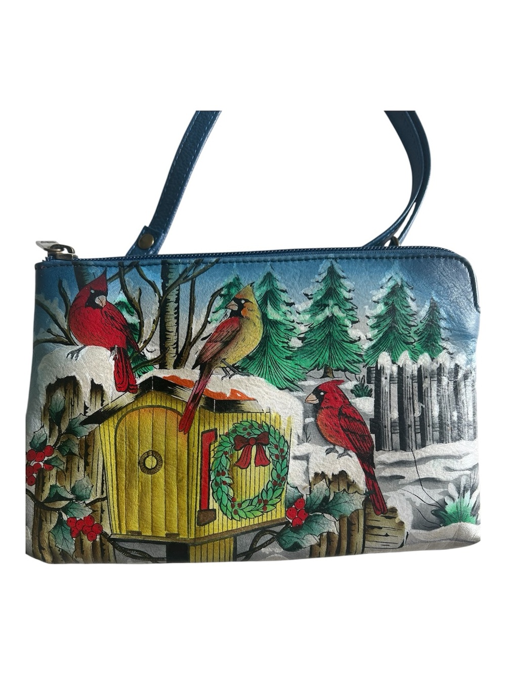 Anuschka Hand-Painted “Snow Day” Cross Body or Clutch/Pouch with Strap Cardinal